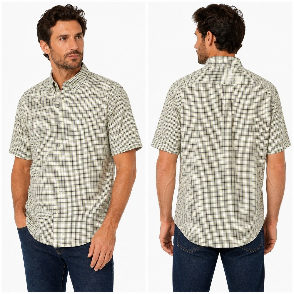 Timberland Plaid White Green Button Down shirt size L Large Short Sleeve